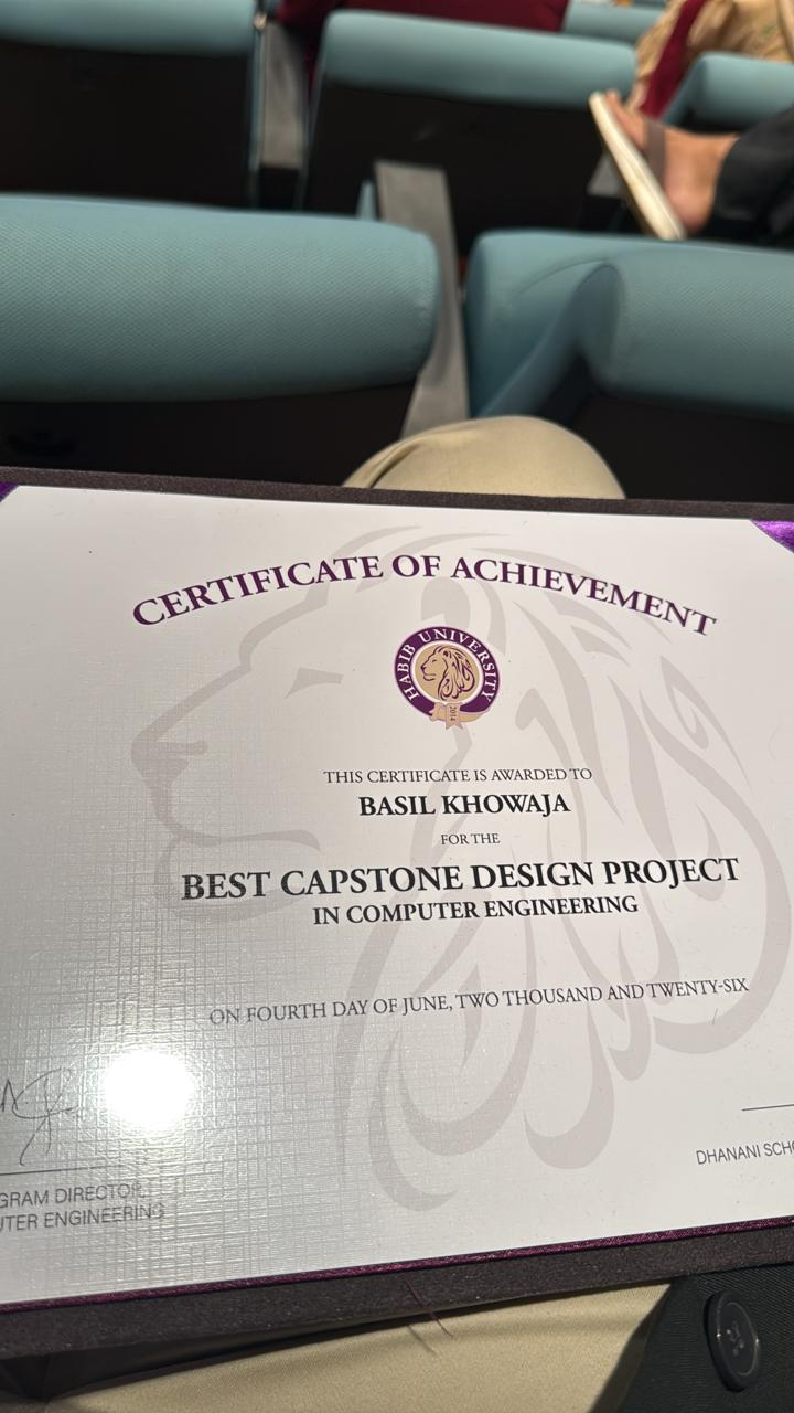 Certificate of Achievement for Best Capstone Design Project in Computer Engineering awarded to Basil Khowaja